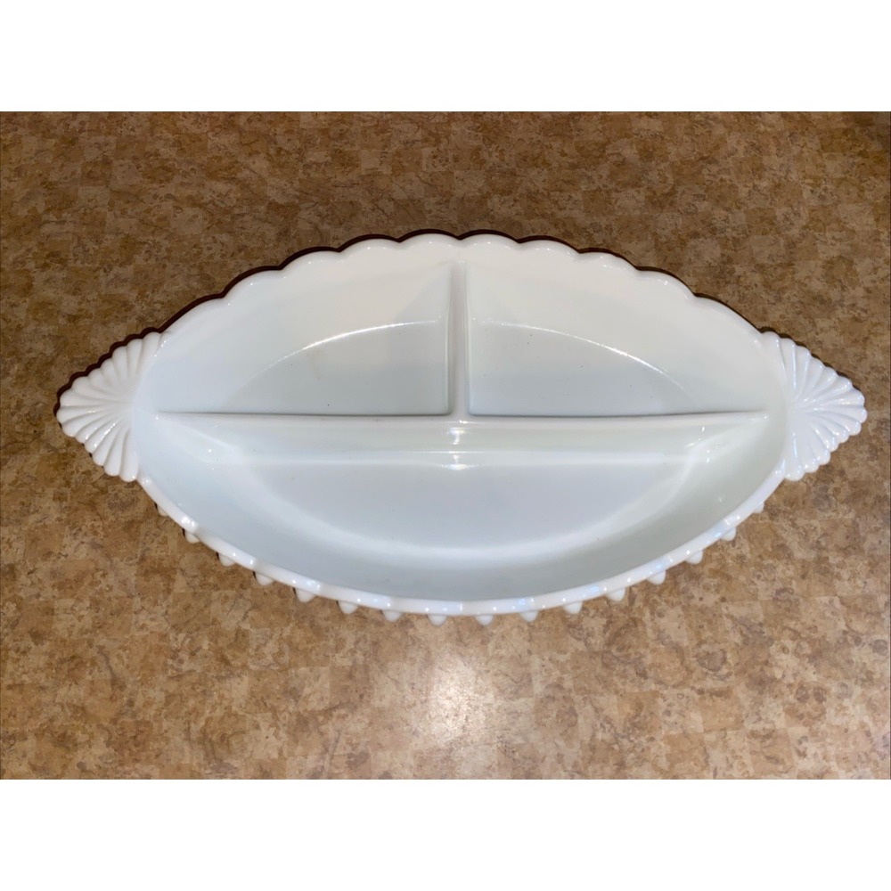 Vintage Fenton Hobnail White Milk Glass Divided Relish Serving Dish Oval - Picture 2 of 8